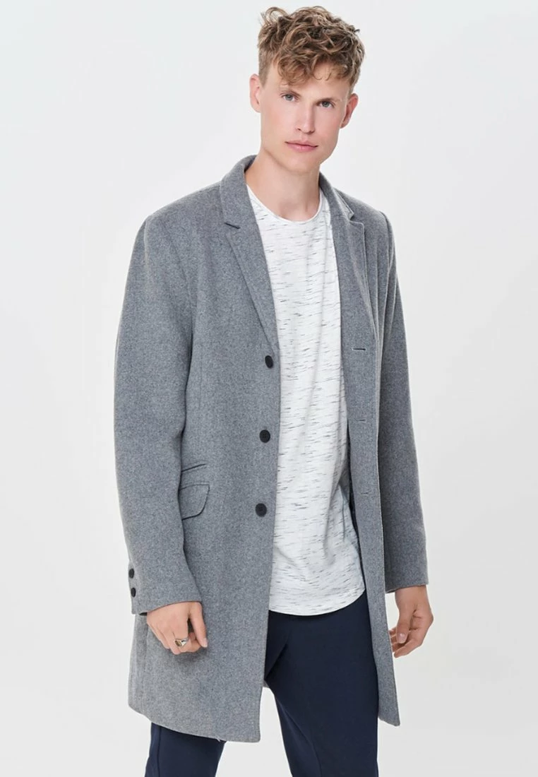 Only & Sons Herren Klassischer Mantel | Medium Grey Melange | Wollmantel für Herren 1 Only & Sons Herren Klassischer Mantel | Medium Grey Melange | Wollmantel für Herren