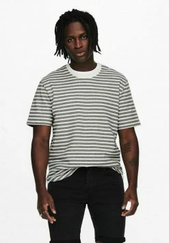 Only & Sons Herren T-Shirt - Gestreiftes Design mit Print in Star White