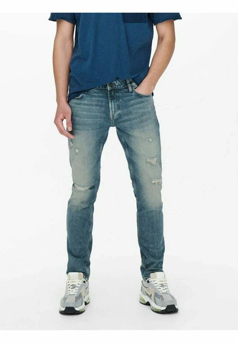 Only & Sons Herren Slim Fit Destroyed Onsloom Stretch Tapered Jeans - Blau 1 Only & Sons Herren Slim Fit Destroyed Onsloom Stretch Tapered Jeans - Blau