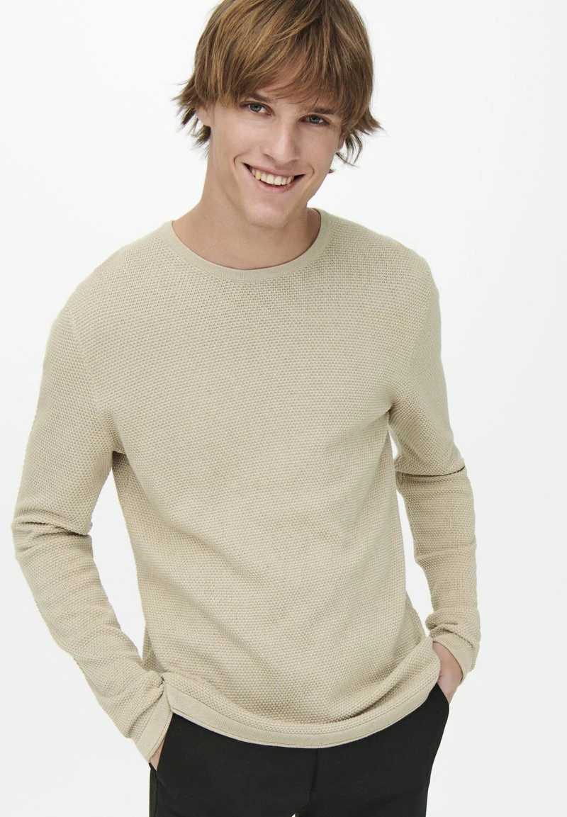 Only & Sons Herren ONSPANTER LIFE CREW Strickpullover Beige - Bequemer Herrenpullover 1 Only & Sons Herren ONSPANTER LIFE CREW Strickpullover Beige - Bequemer Herrenpullover