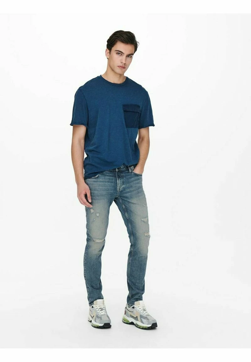 Only & Sons Herren Slim Fit Destroyed Onsloom Stretch Tapered Jeans - Blau 2 Only & Sons Herren Slim Fit Destroyed Onsloom Stretch Tapered Jeans - Blau – Bild 2